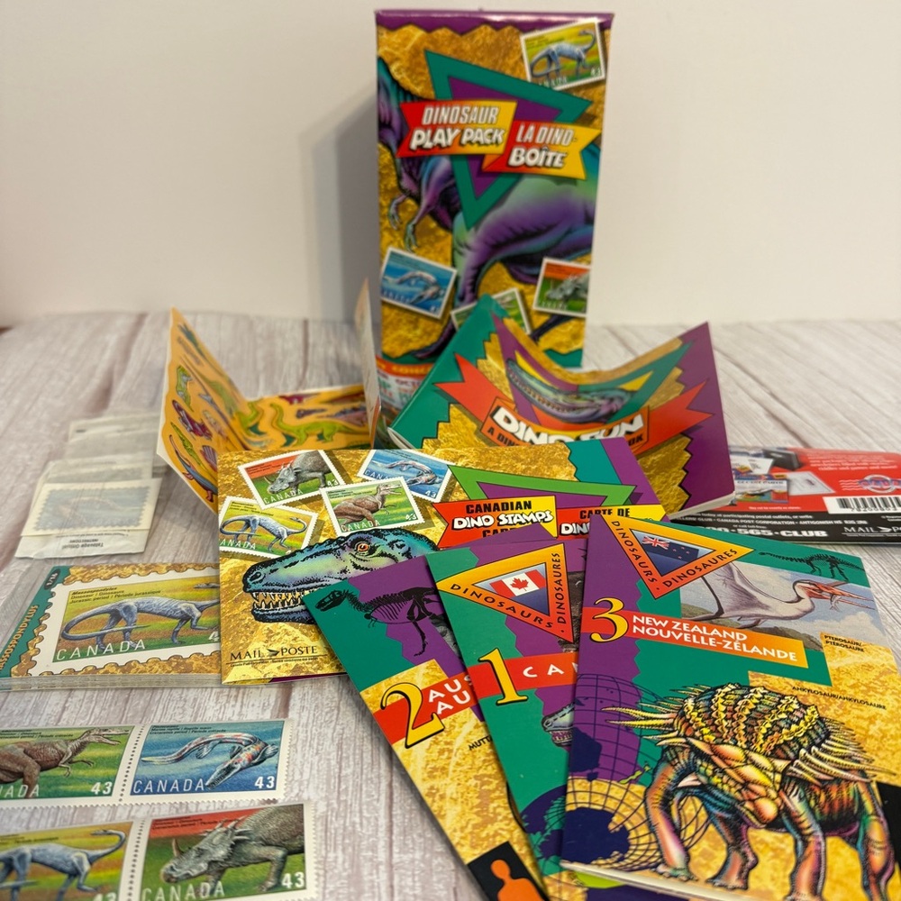 Canada Post Dinosaur Play Pack Postage Stamps Stickers Trading Cards Vtg 90's